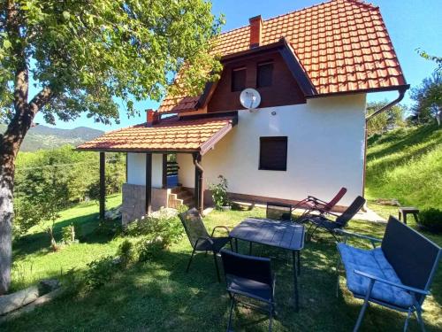 a house with chairs and a table in the yard at TARA Vila Rajak in Zaovine