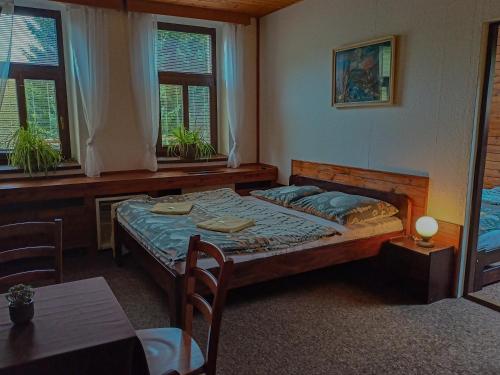 a bedroom with a bed and a table and two windows at Penzion Rudolf in Liberec