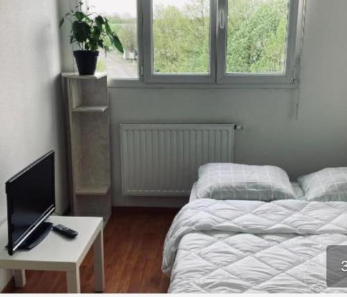 une chambre avec un lit et une table avec un ordinateur portable dans l'établissement Zénith Strasbourg 2 chambre, à Eckbolsheim