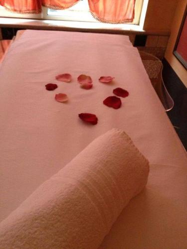 a bunch of red rose petals on a table at Hotel Lady Mary in Milano Marittima