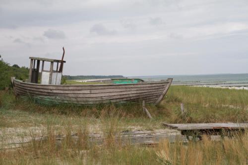 an old boat sitting in the grass near the beach at Hotel Garni Inselparadies Zingst in Zingst
