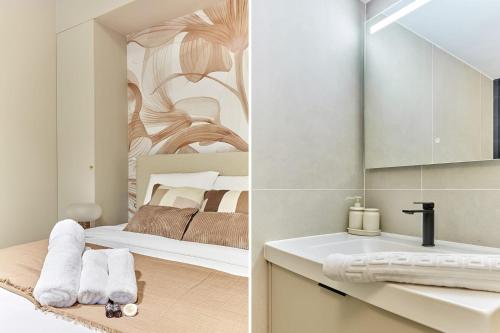 une chambre avec un lit et une salle de bain avec un lavabo dans l'établissement Superb Apartment 2 bedrooms Centrer of Paris by Studio Prestige, à Paris