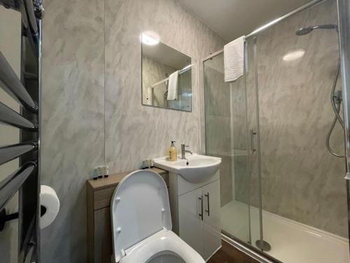 a bathroom with a toilet and a sink and a shower at Central Hotel in Norwich