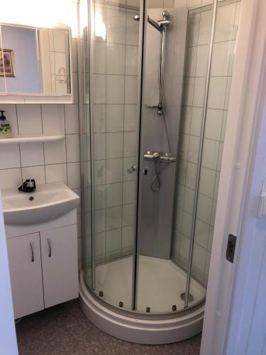 a bathroom with a shower and a sink at Kaikanten Rorbuer - Røst in Røst