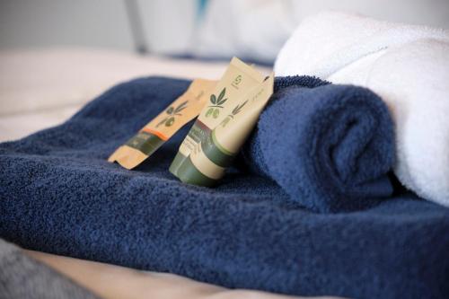a blue towel with a toothbrush and tooth paste on it at Ca' Brazzo Bed Relais in Pontecasale