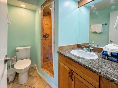 ein Badezimmer mit Toilette, Waschbecken und Dusche in der Unterkunft Spacious Studio w/ Parking, beach/mall/park in Honolulu