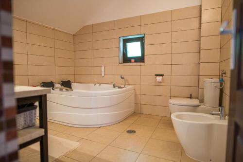 une salle de bain avec une baignoire, des toilettes et un lavabo dans l'établissement Casa din Plai, à Proviţa de Sus