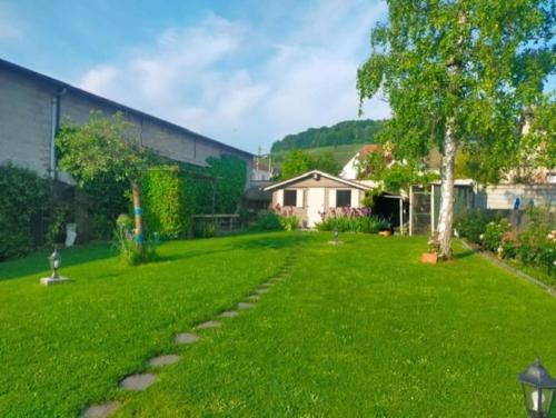 a green yard with a tree and a house at Valérinna in Avize