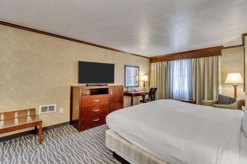 a hotel room with a bed and a flat screen tv at Radisson Hotel Salt Lake City Airport in Salt Lake City