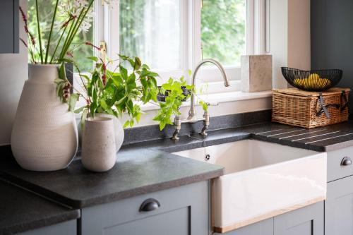 a kitchen with a sink and two vases with plants at The Wood in Salcombe