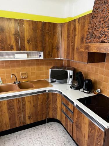 - une cuisine avec des placards en bois et un four micro-ondes dans l'établissement le nid berruyer en centre-ville, à Bourges