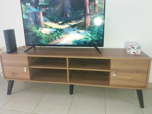 a flat screen tv on a wooden entertainment center at alfaro57 in Nicosia