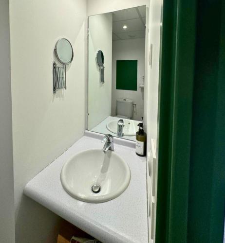 une salle de bain avec un lavabo et un miroir dans l'établissement Oasis - Wifi, Clim, Vue, Équipé, à Lourdes