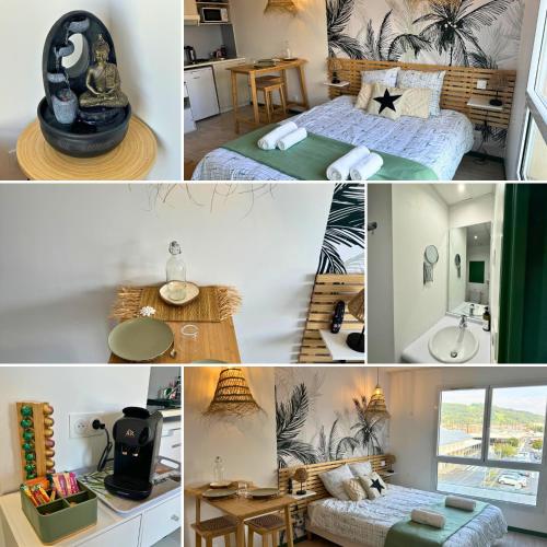 un collage de photos d'une chambre d'hôtel dans l'établissement Oasis - Wifi, Clim, Vue, Équipé, à Lourdes