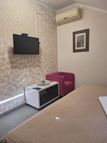 a room with a tv and a couch and a chair at Garni Hotel Ema in Kragujevac