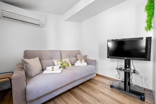 un salon avec un canapé et une télévision à écran plat dans l'établissement CIAPETTA- Vieille Ville de Menton - Hyper Centre - Mer - Clim, à Menton