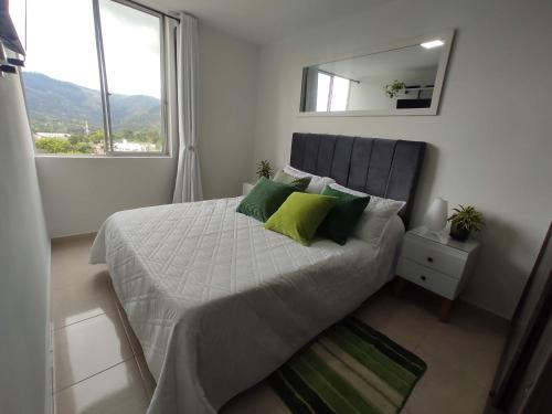 a bedroom with a bed with green pillows and a mirror at Apartamento frente a la montaña en Armenia Quindio - 1 Dormitorio Piso 11 in Armenia