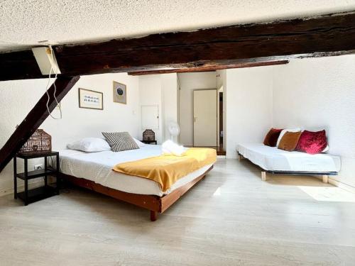 Un dormitorio con dos camas en una habitación. en Appartement Spacieux et Lumineux Proche Valence, en Saint-Péray