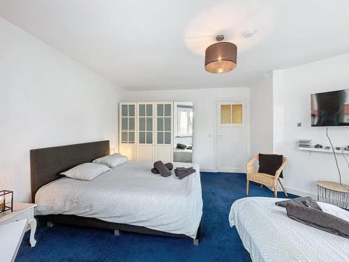 a bedroom with two beds and a blue carpet at Villa Alice - Sint-Idesbald in Koksijde