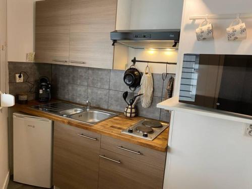 une cuisine avec un évier et un plan de travail dans l'établissement Appartement proche conservatoire hyper centre, à Reims