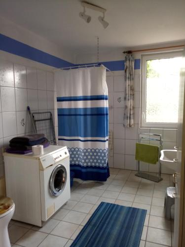 a bathroom with a washing machine and a shower at gemütliche Unterkunft II in Bretsch