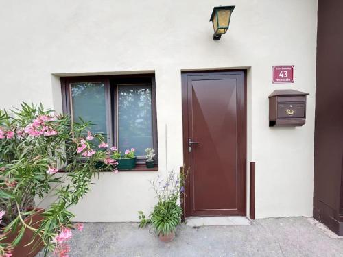 a door of a house with flowers and plants at Villa AlexanderCharmante Wohnung mit Bergblick, Villa Alexander in Semmering