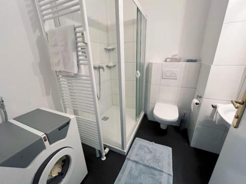 a white bathroom with a toilet and a shower at Villa AlexanderCharmante Wohnung mit Bergblick, Villa Alexander in Semmering