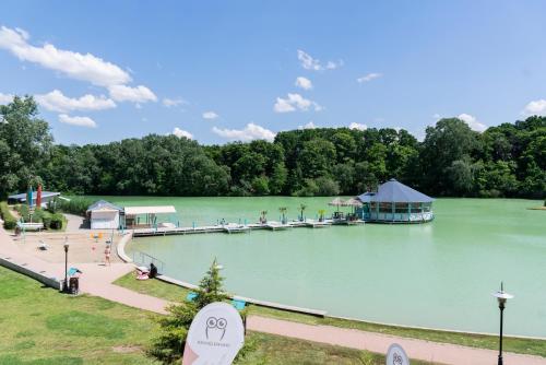 a large lake with a dock with people on it at Bagoly Fogadó in Gyömrő