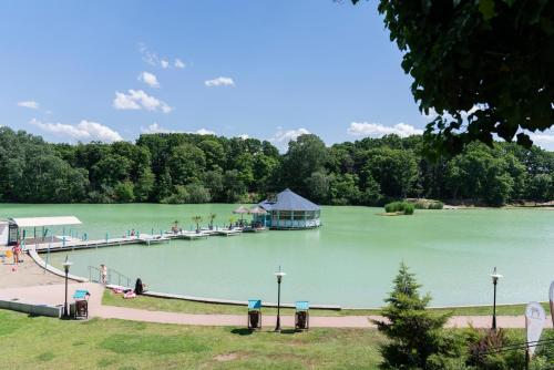 a large lake with a dock with people on it at Bagoly Fogadó in Gyömrő