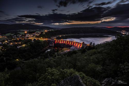 an aerial view of a city at night at Ferienwohnung Sporn in Hemfurth-Edersee
