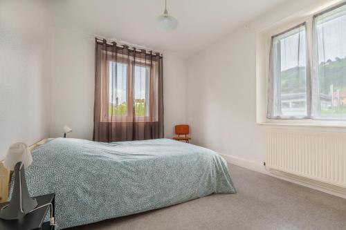 une chambre blanche avec un lit et deux fenêtres dans l'établissement Les Proyes - Appt pour 6 avec jardin, à La Bresse