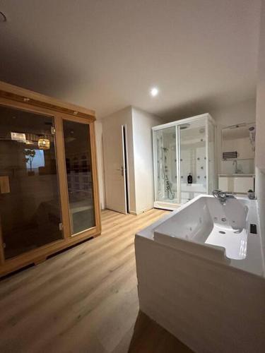 une grande salle de bain avec une baignoire et une grande fenêtre dans l'établissement CELLAR- Appartement Sous-Sol Atypique, à Reims
