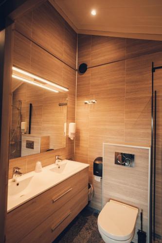 a bathroom with a sink and a toilet at Spidsbergseter Resort Rondane in Venabygd