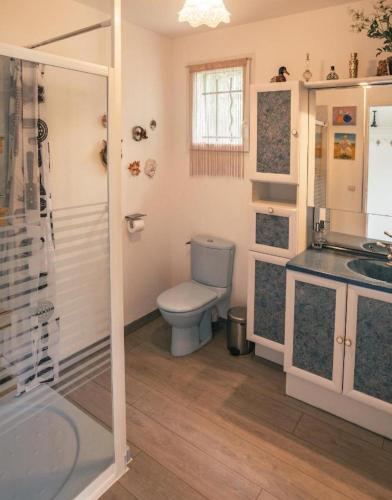 une salle de bain avec toilettes, lavabo et douche dans l'établissement Villa charmante au Plan-de-la-Tour avec piscine privée, à Sainte-Maxime