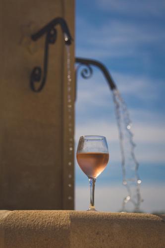 a glass of wine sitting next to a shower at Bastide Saint Maurin in Ansouis