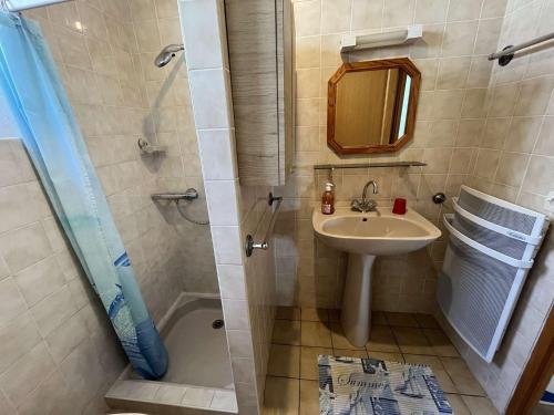 une petite salle de bain avec un lavabo et une douche dans l'établissement Villa calme avec jardin clos, à 800m de la plage et 600m des commerces à Brétignolles-sur-Mer - FR-1-324-198, à Bretignolles-sur-Mer