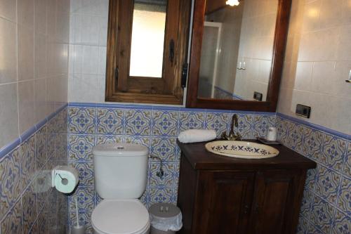 a bathroom with a toilet and a sink and a mirror at La Muralla de Gredos Hotel Rural in Madrigal de la Vera