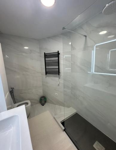 a bathroom with a glass shower and a toilet at Marina in Torrevieja