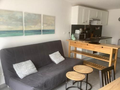 a living room with a couch and a kitchen at Gite Augirons in Saint-Ciers-sur-Gironde