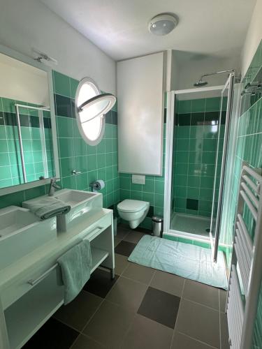 a bathroom with a sink and a toilet and a shower at Appartement, château kergonano in Mériadec