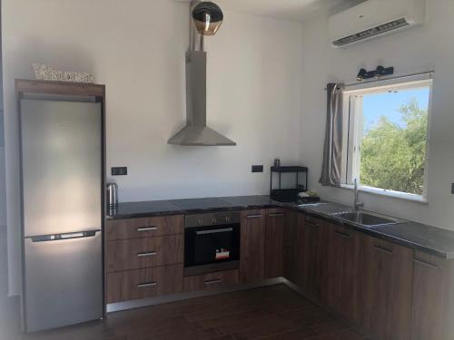 a kitchen with wooden cabinets and a sink and a window at Helen in Pírgos Psilonérou