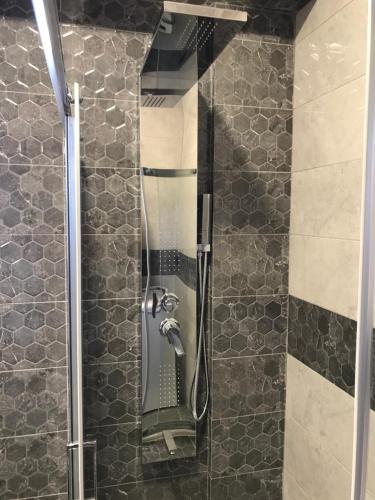 a shower with a glass door in a bathroom at Helen in Pírgos Psilonérou