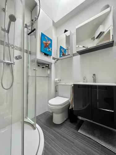 une salle de bain avec une douche, des toilettes et un lavabo dans l'établissement Appartement de charme, terrasse et vue Tour Eiffel, à Paris