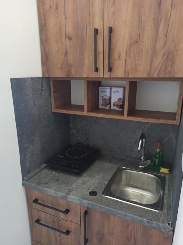 una piccola cucina con lavandino e armadi in legno di Apartman Milutinovic a Vranje