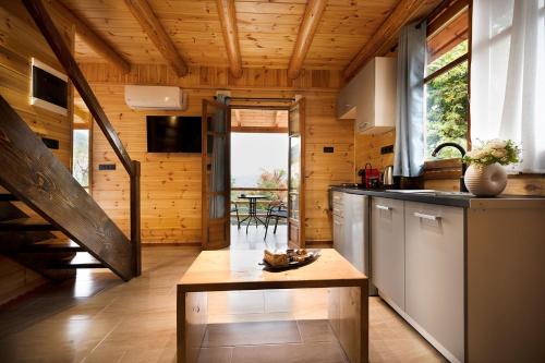 a kitchen with wooden walls and a wooden ceiling at Ο κισσός in Sklíthron