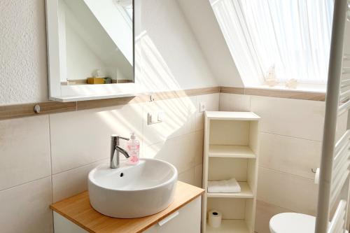 a bathroom with a sink and a mirror at Ferienwohung 3 Sandorn in Kölpinsee