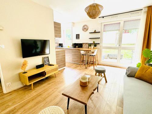 un soggiorno con un divano e una TV di Bel appartement proche Parc & Lac a Rennes