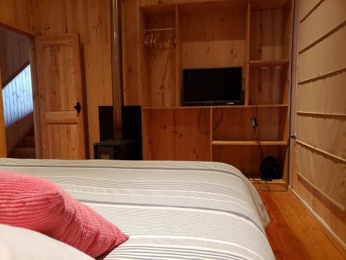 a bedroom with a bed and a tv in a room at Cabañas Futrono in Futrono