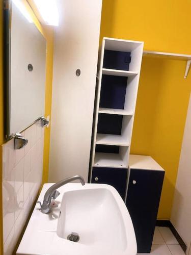 La salle de bains est pourvue d'un lavabo blanc et d'une étagère. dans l'établissement Geneva Residences - Colourful Apartment by the border, à Ferney-Voltaire