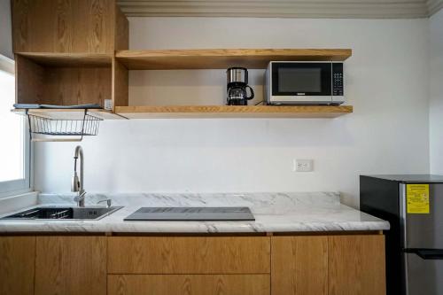 a kitchen with a sink and a microwave on a shelf at Modern Apartment with Home Office in Prime Location in Querétaro
